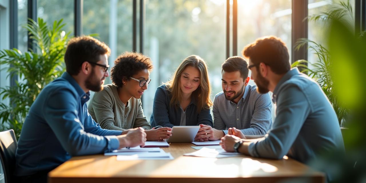 Team che collabora in un ufficio moderno e luminoso